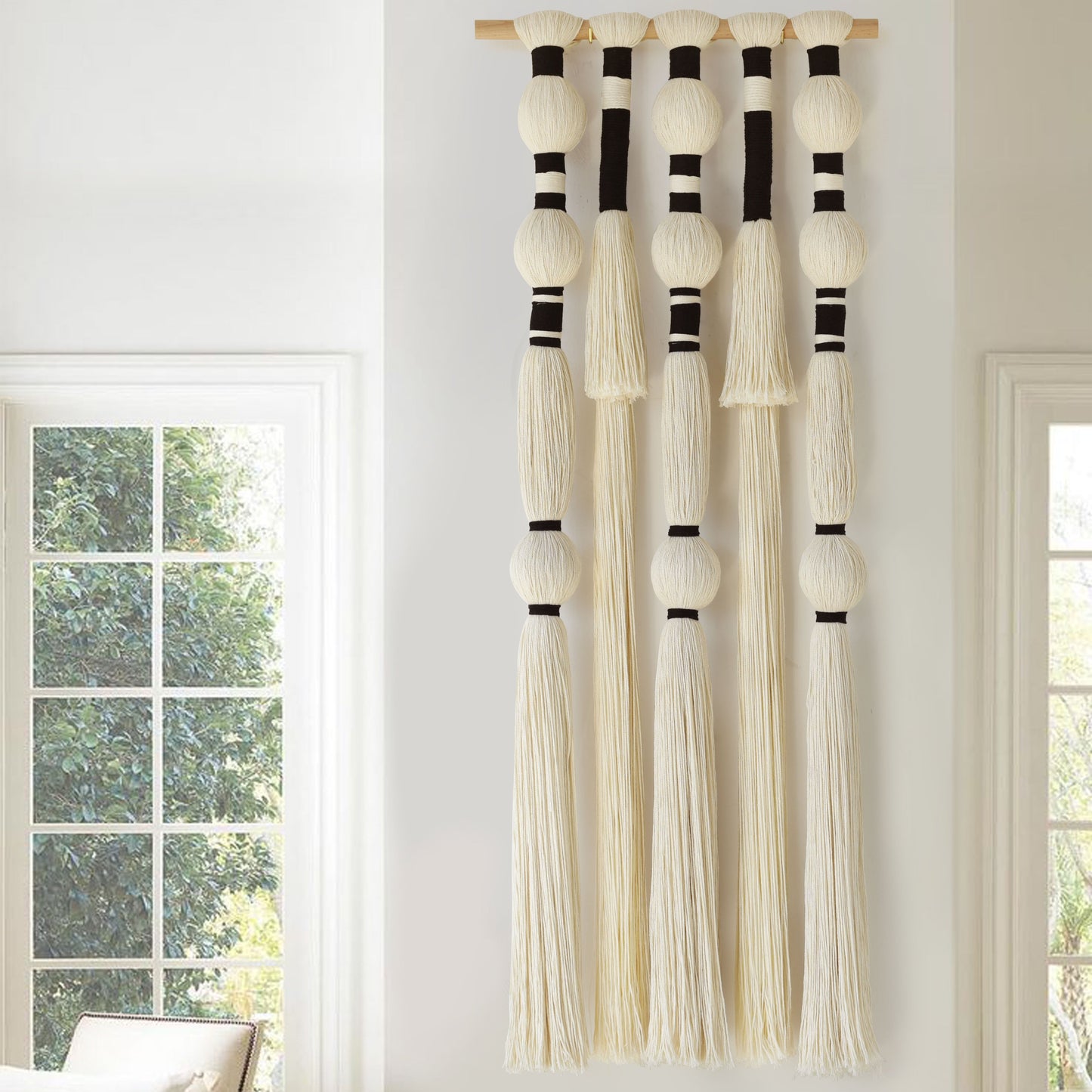 Tassels Sphericity Cotton Textile Macrame Wall Hanging Geometric Yarn Wall Art 15.7" W x 39" L