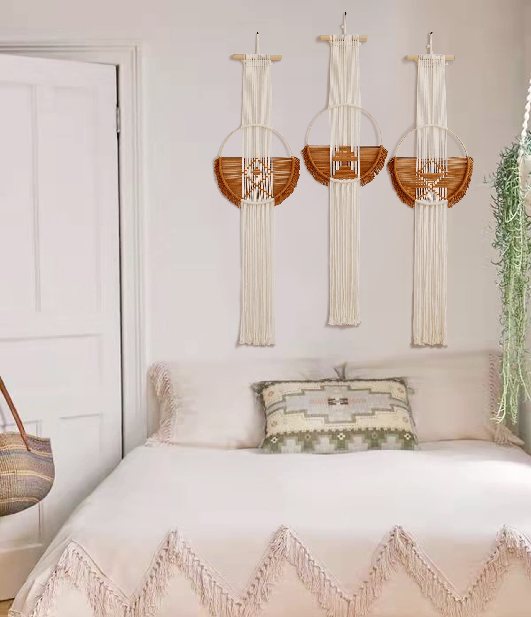 Macrame Wall Hanging Boho Wall Decor Brown Fiber Wall Art 3Pcs