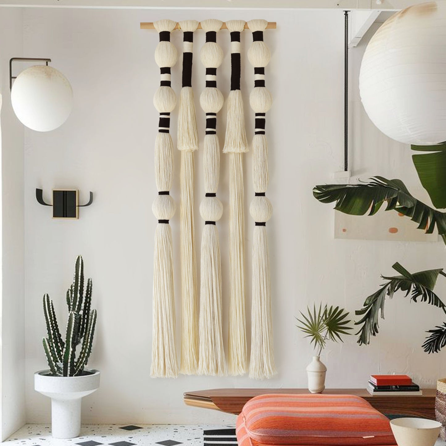 Tassels Sphericity Cotton Textile Macrame Wall Hanging Geometric Yarn Wall Art 15.7" W x 39" L