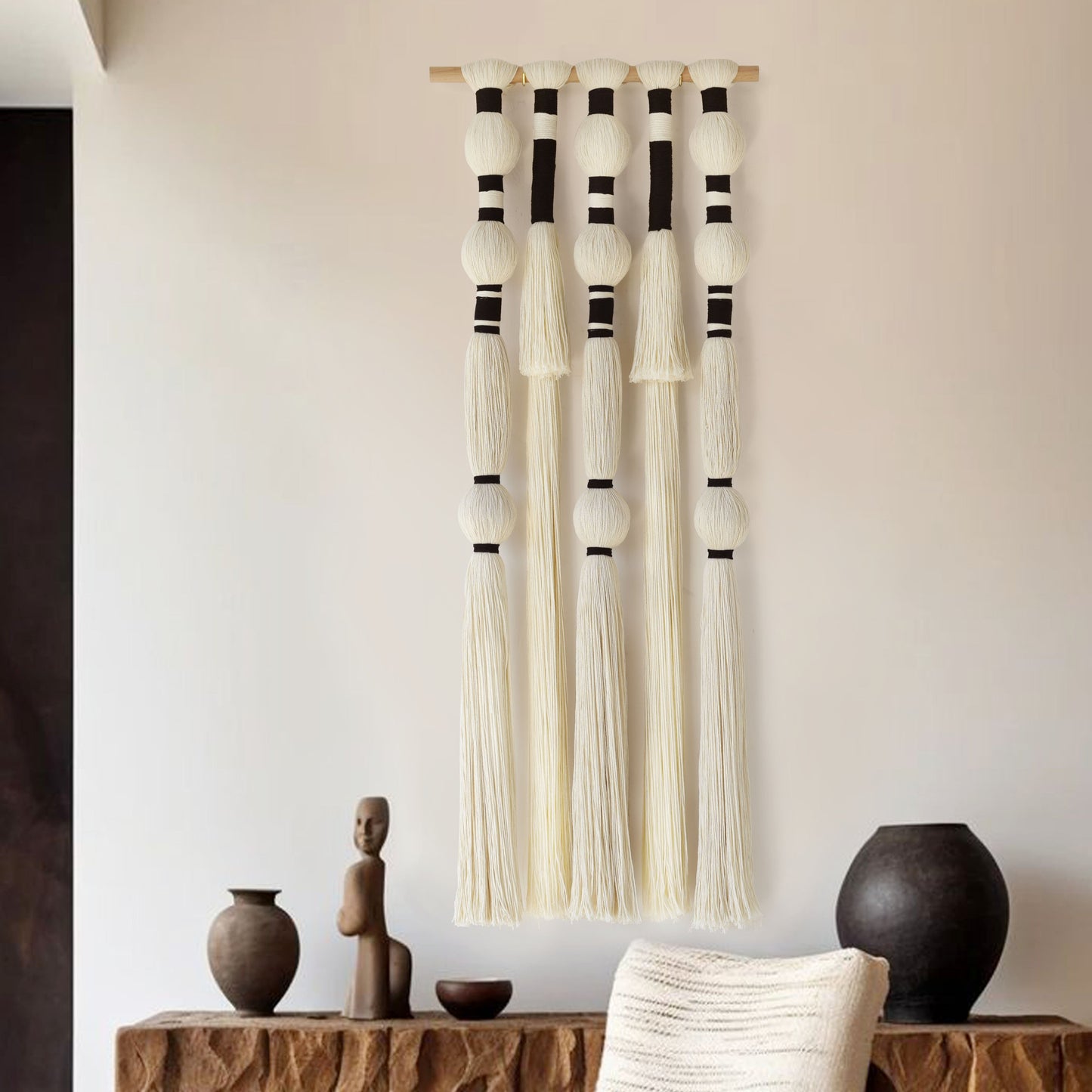 Tassels Sphericity Cotton Textile Macrame Wall Hanging Geometric Yarn Wall Art 15.7" W x 39" L