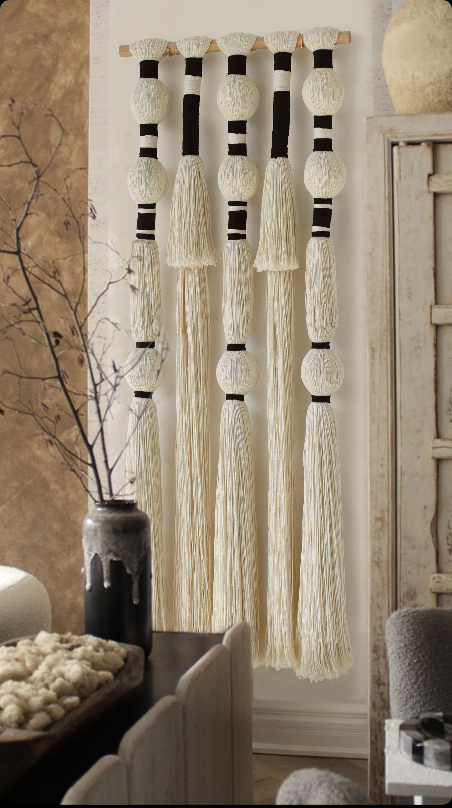 Tassels Sphericity Cotton Textile Macrame Wall Hanging Geometric Yarn Wall Art 15.7" W x 39" L