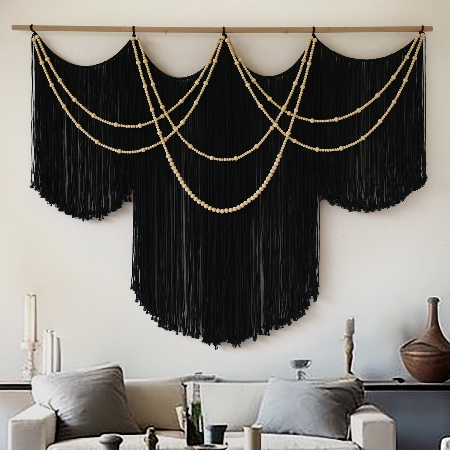 Black Yarn Tapestry Home Decor Large Fiber Wall Art