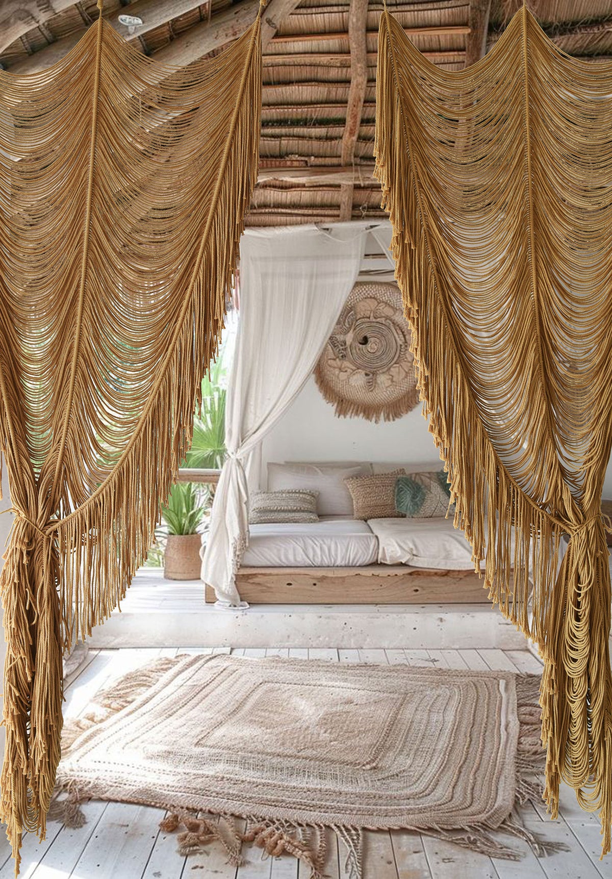 2pcs Macrame Curtain Khaki Cotton Rope Boho Window Drapes 41" W*75" L