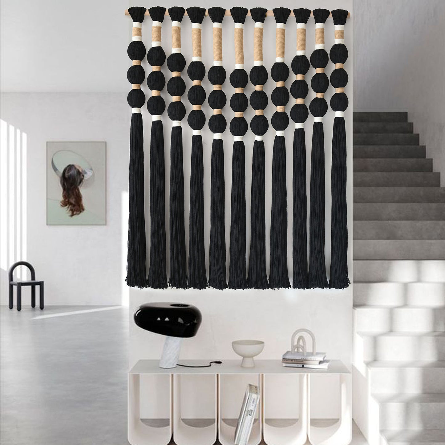 Black Fiber Yarn Wall Art Handmade Cotton Spherical Knot For Living Room