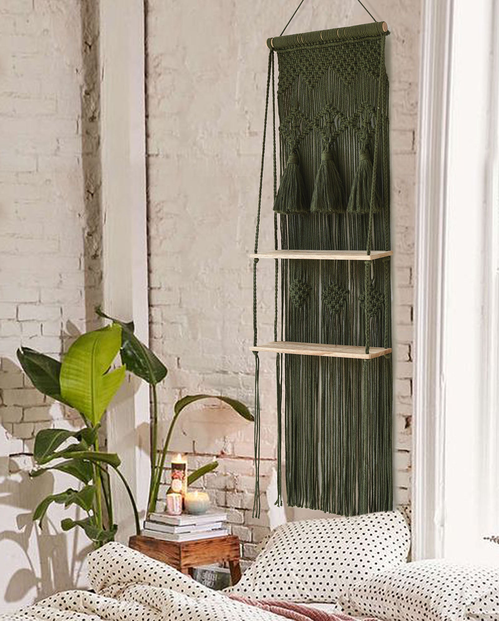 Hanging Shelf Green 2 Tier Floating for Plants Organizer(Wood)