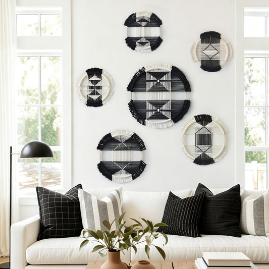 6pcs Macrame Wall Decor Black White Geometric Fiber Art Hanging Round Boho