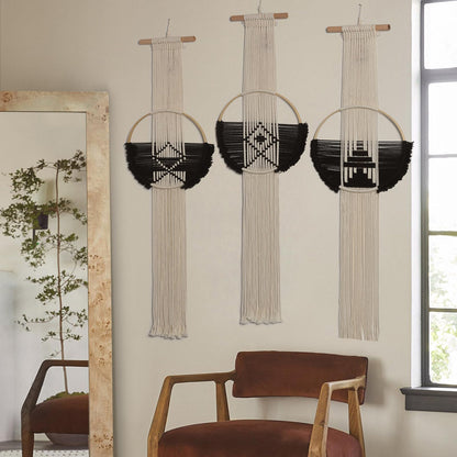 Black White Round Art Handmade Boho Macrame Wall Hanging 3Pcs