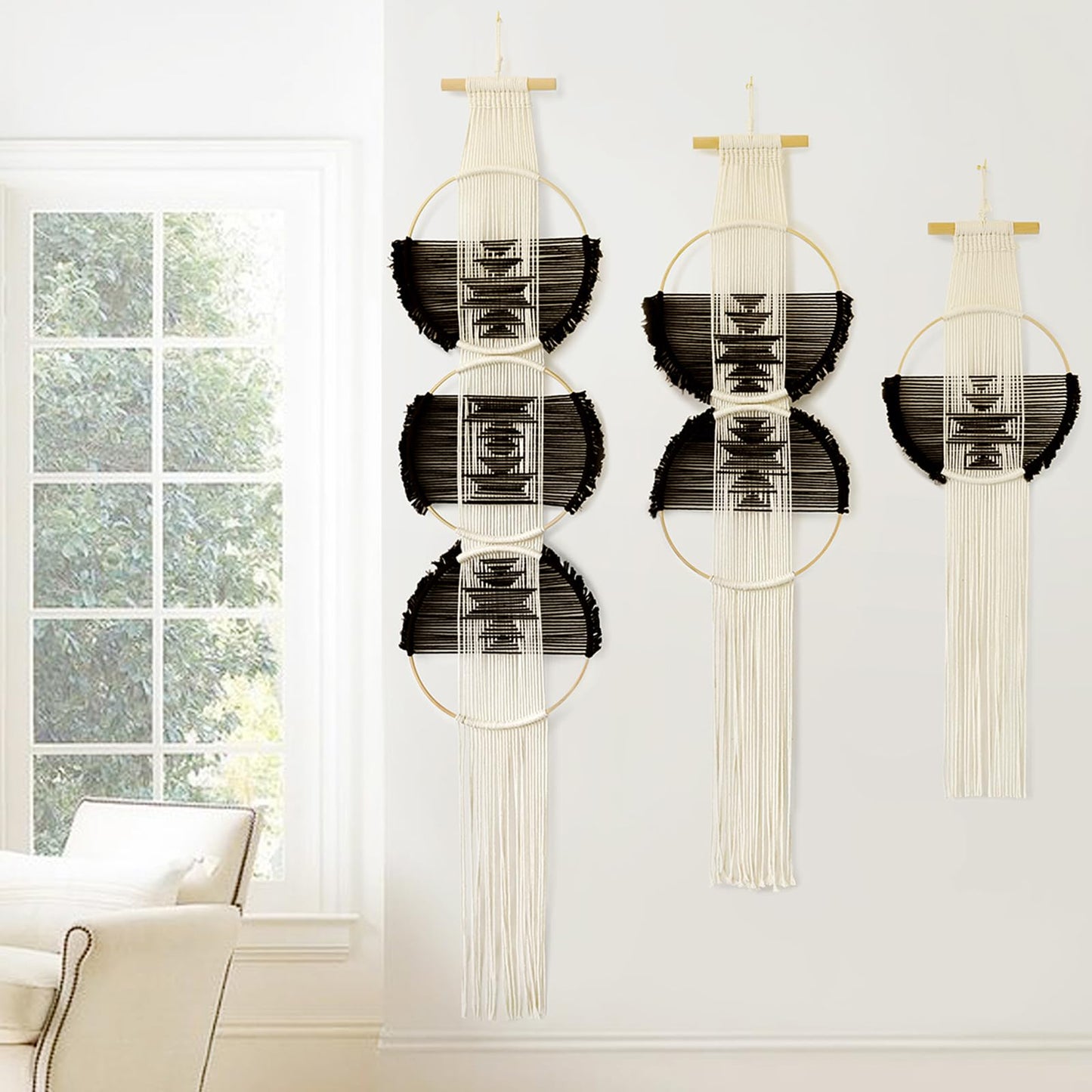 Beige and Black Handmade Macrame Wall Hanging Woven Boho Home Decor 3Pcs