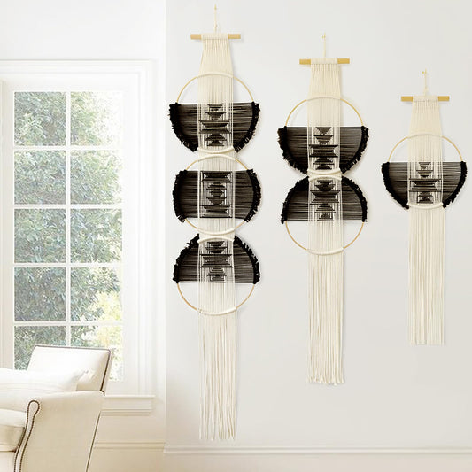 Macrame Wall Hanging Combination 3 Pcs Beige and Black Handmade Woven Boho Home Chic Wall Decor Geometric Art Decor Bedroom Nursery Apartment Dorm Decoration Minimalistic Neutral Wall Decor