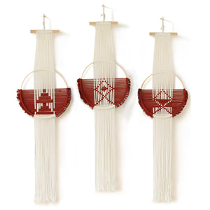 Macrame Wall Hanging Boho Wall Decor Farmhouse Craftmanship 3Pcs Fiber Wall Art Handmade Home Room Décor for Bedroom Living Room Wedding Apartment Housewarming Giving (Wine Red)