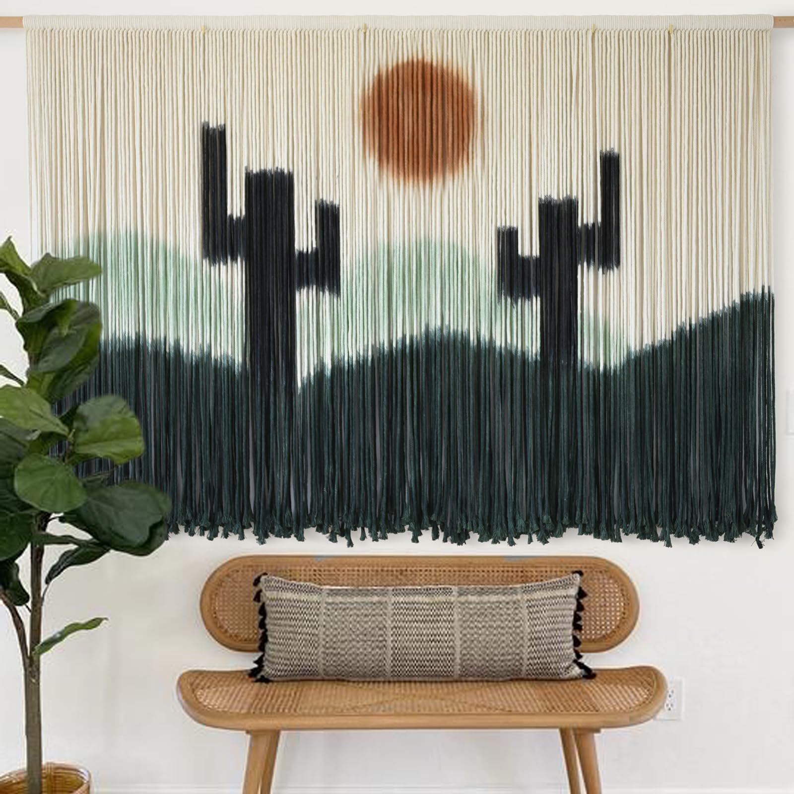 Macrame Wall Hanging Green Cactus Wall Decor Macrame Wall Decor 57" W x 35" L Dip-Dye Large Boho Wall Decor Yarn Tapestry Fiber Art Home Decor