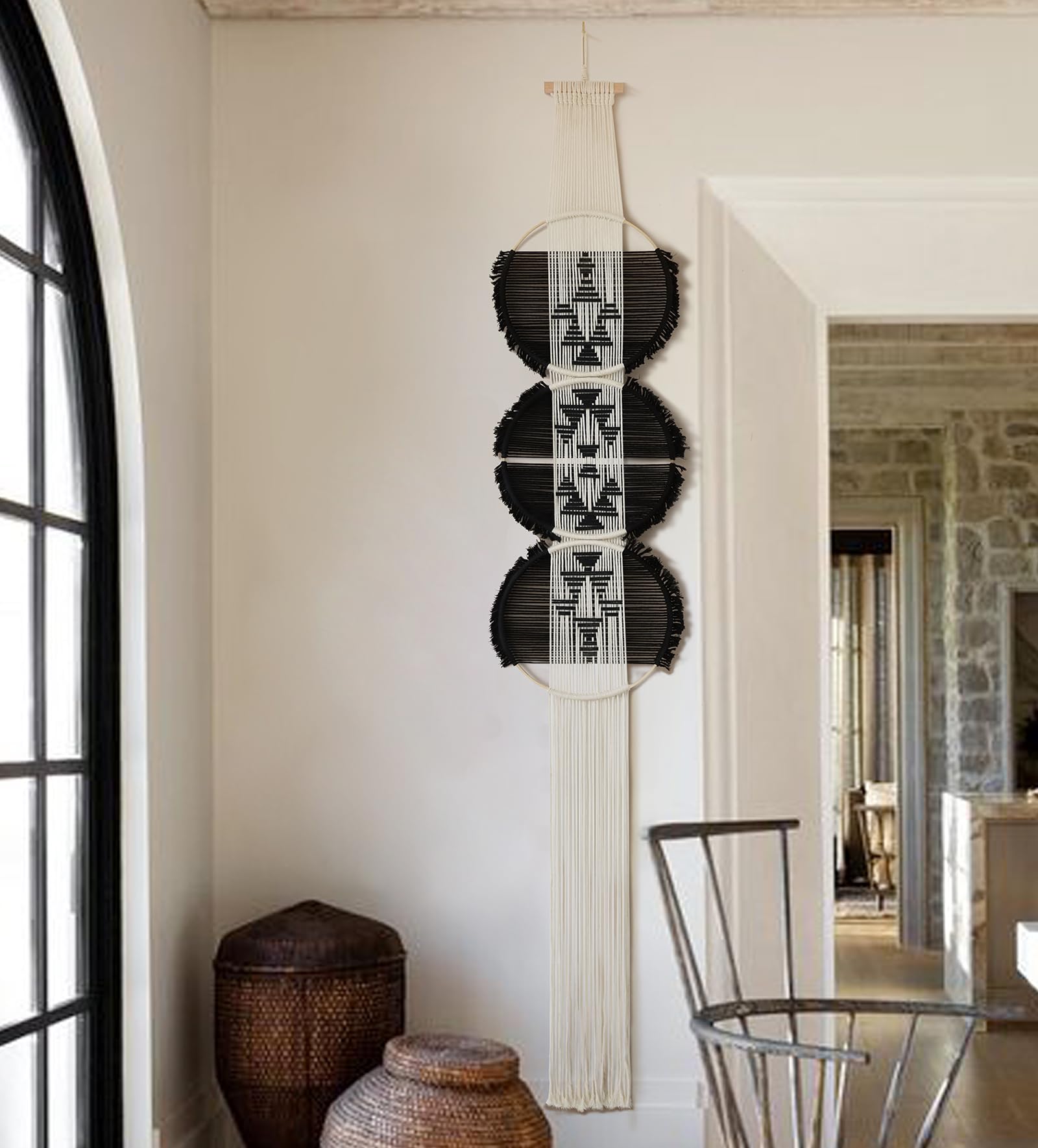 Macrame Wall Hanging black and white Boho Wall Decor Art Living room wall art Round Handmade Geometric Lines Home Décor