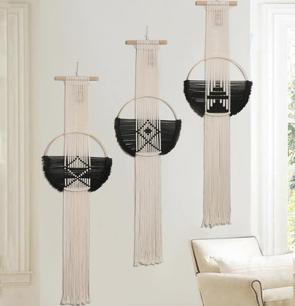 Black White Round Art Handmade Boho Macrame Wall Hanging 3Pcs