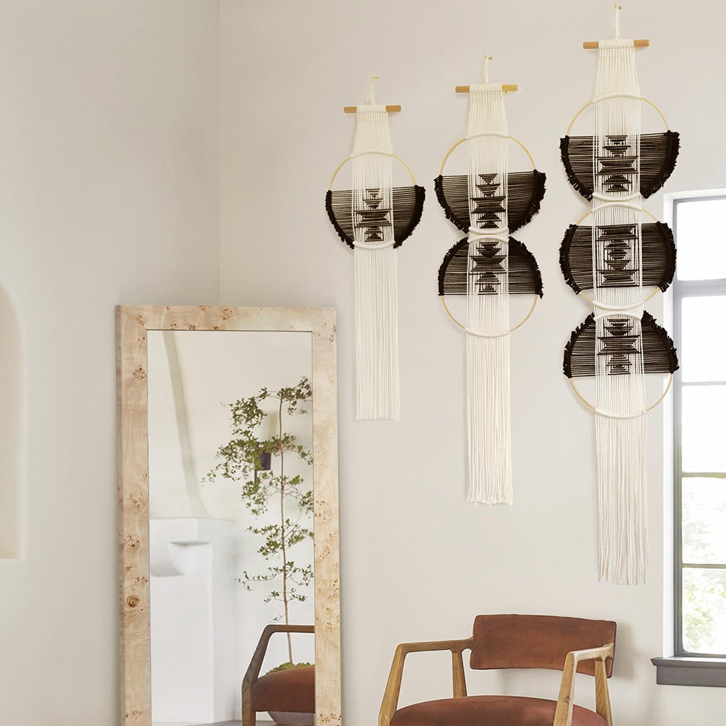Beige and Black Handmade Macrame Wall Hanging Woven Boho Home Decor 3Pcs