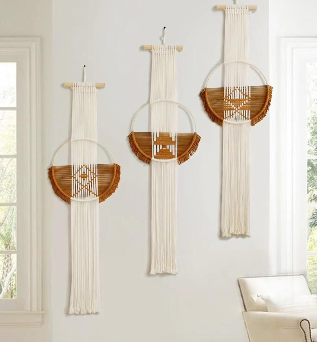 Macrame Wall Hanging Boho Wall Decor 3Pcs Brown Fiber Wall Art Handmade Home Room Décor