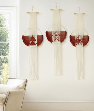 Macrame Wall Hanging Boho Wall Decor Farmhouse Craftmanship 3Pcs Fiber Wall Art Handmade Home Room Décor for Bedroom Living Room Wedding Apartment Housewarming Giving (Wine Red)