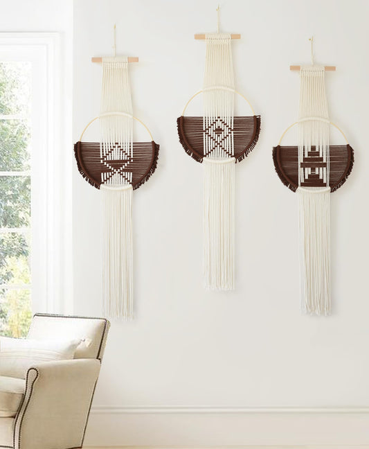 Macrame Wall Hanging Boho Wall Decor Craftmanship 3Pcs Coffe Fiber Wall Art Handmade Bohemian Home Room Décor-for Bedroom Living Room Wedding Apartment Housewarming Giving