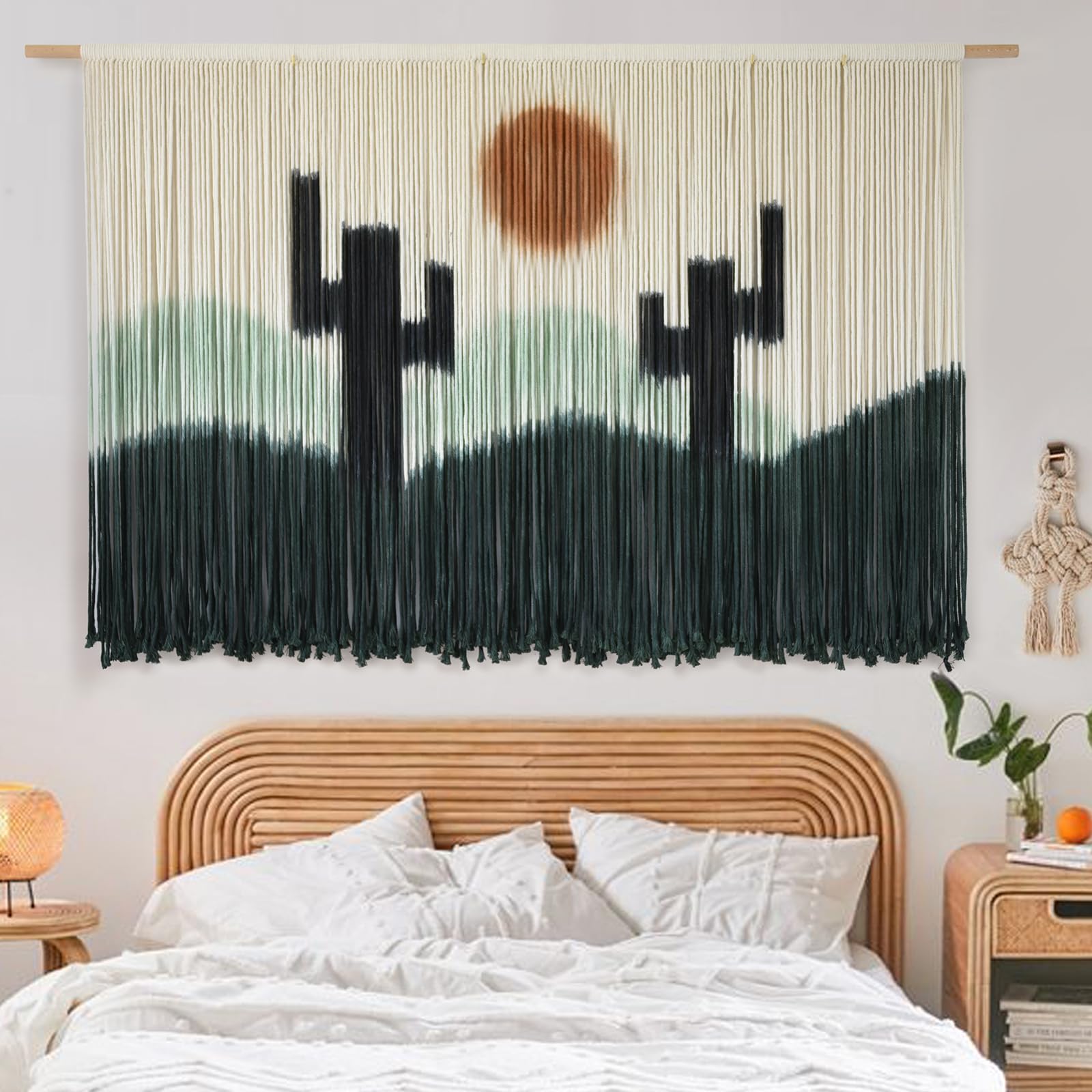 Macrame Wall Hanging Green Cactus Wall Decor Macrame Wall Decor 57" W x 35" L Dip-Dye Large Boho Wall Decor Yarn Tapestry Fiber Art Home Decor