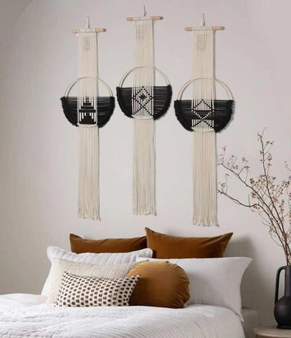 Black White Round Art Handmade Boho Macrame Wall Hanging 3Pcs