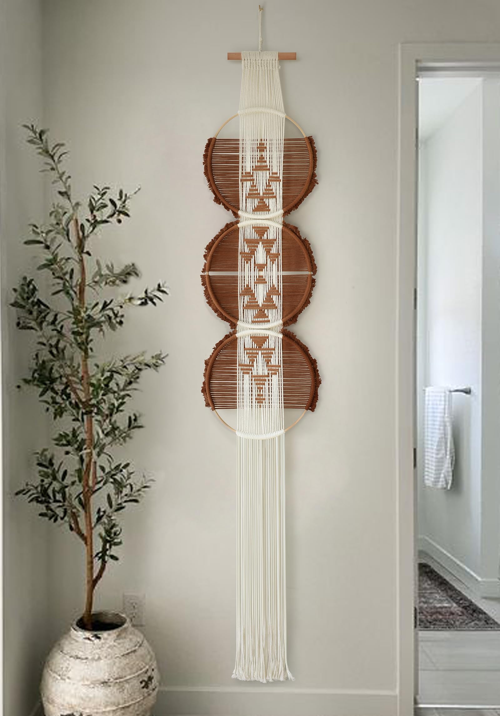 Macrame Wall Hanging Brown and white Boho Wall Decor Art Living room wall art Round Handmade Geometric Lines Home Décor