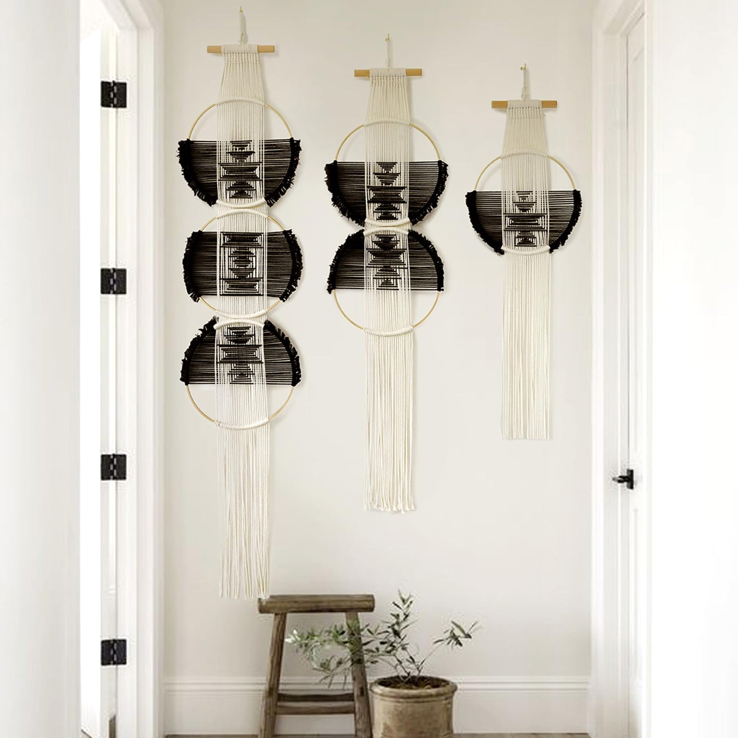 Beige and Black Handmade Macrame Wall Hanging Woven Boho Home Decor 3Pcs