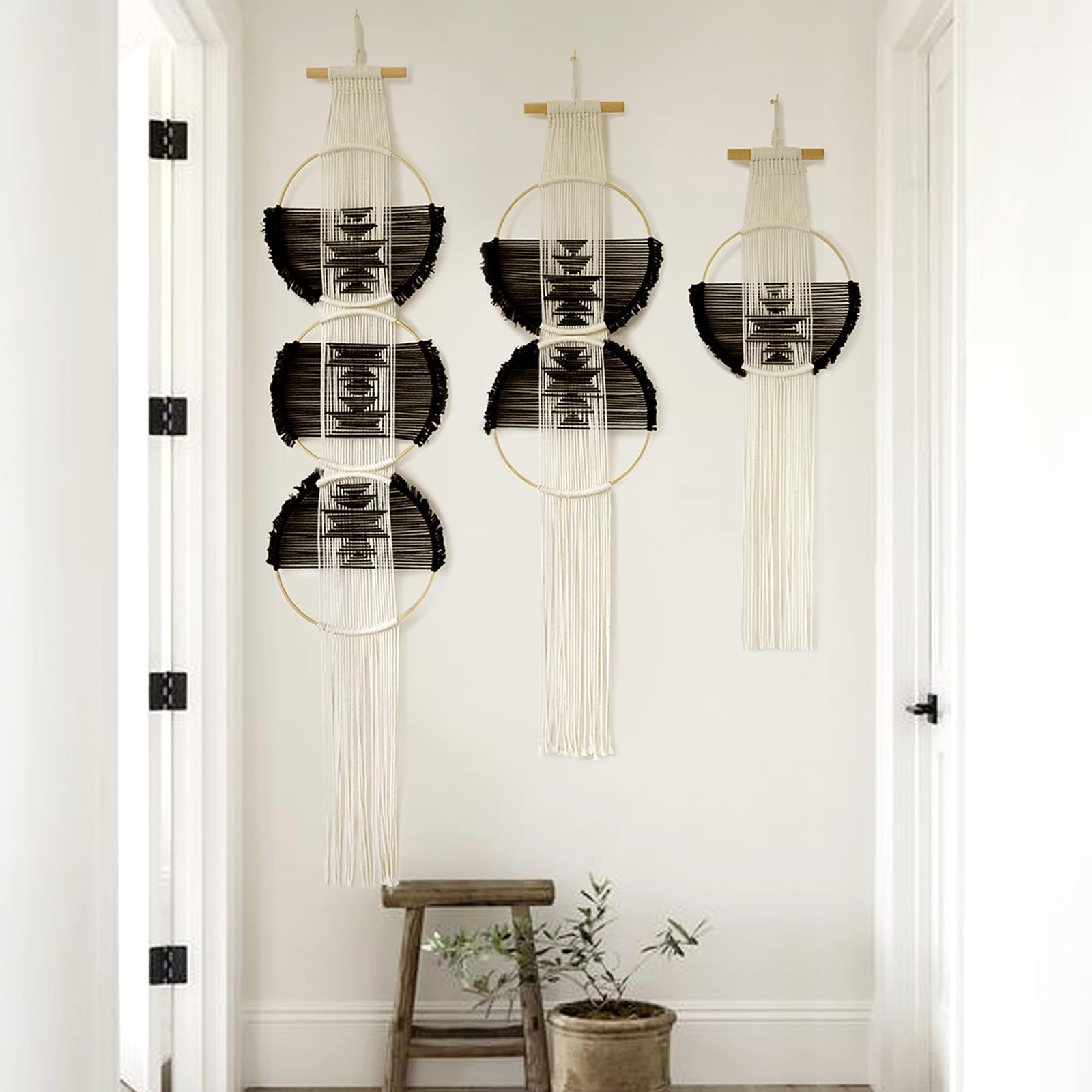 Beige and Black Handmade Macrame Wall Hanging Woven Boho Home Decor 3Pcs