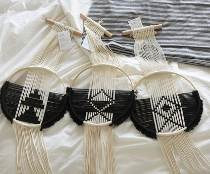 Black White Round Art Handmade Boho Macrame Wall Hanging 3Pcs