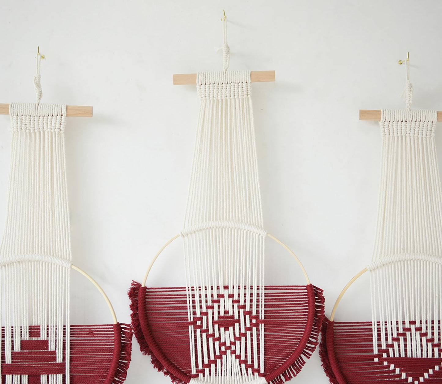 Macrame Wall Hanging Boho Wall Decor Farmhouse Craftmanship 3Pcs Fiber Wall Art Handmade Home Room Décor for Bedroom Living Room Wedding Apartment Housewarming Giving (Wine Red)