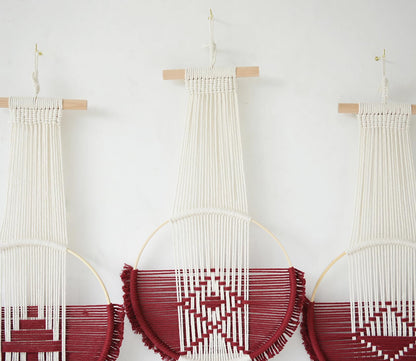 Macrame Wall Hanging Boho Wall Decor Farmhouse Craftmanship 3Pcs Fiber Wall Art Handmade Home Room Décor for Bedroom Living Room Wedding Apartment Housewarming Giving (Wine Red)