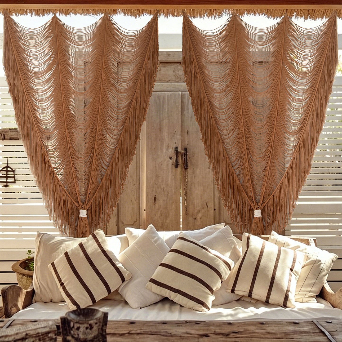 2 Panels Macrame Curtains Brown Window Curtains Wedding Backdrop