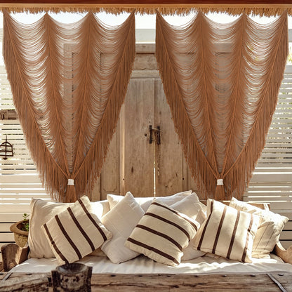 2 Panels Macrame Curtains Brown Window Curtains Wedding Backdrop
