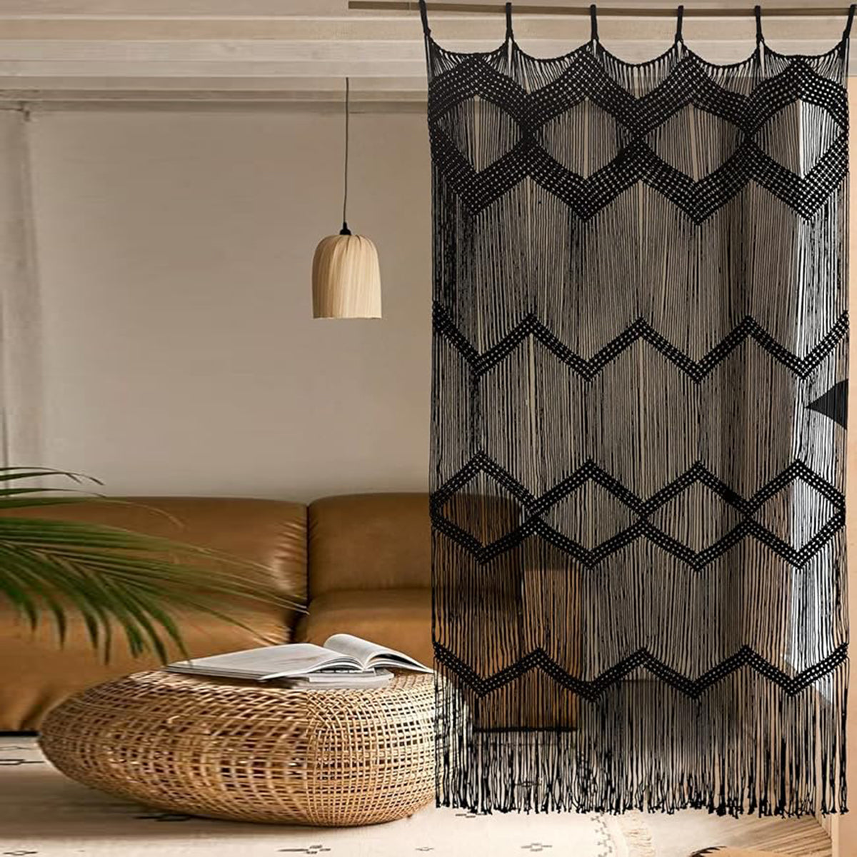 Black Boho Window Macrame Curtain ,42" Wx76‘’ H