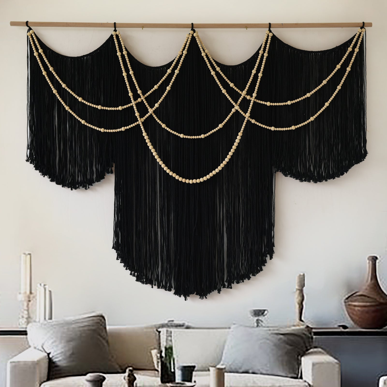 Black Yarn Tapestry Home Decor Large Fiber Wall Art