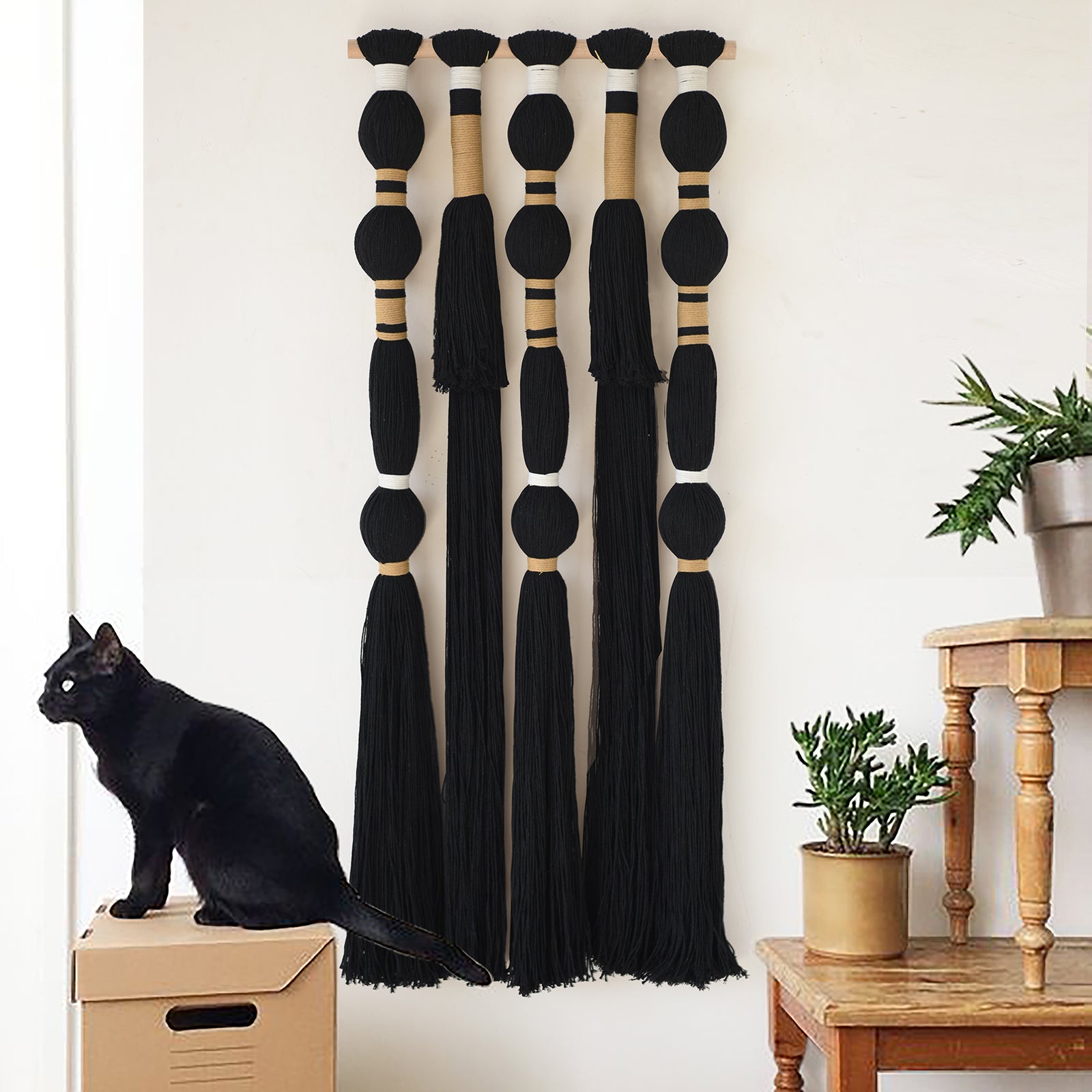 Macrame Wall Hanging Black Sphericity Cotton Tassels Textile Hanging