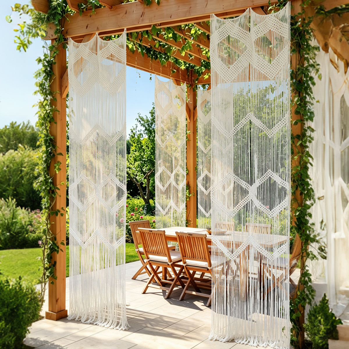 2Pcs Boho Beige Macrame Curtains Sheer Window Decor 23.6" W*98" L
