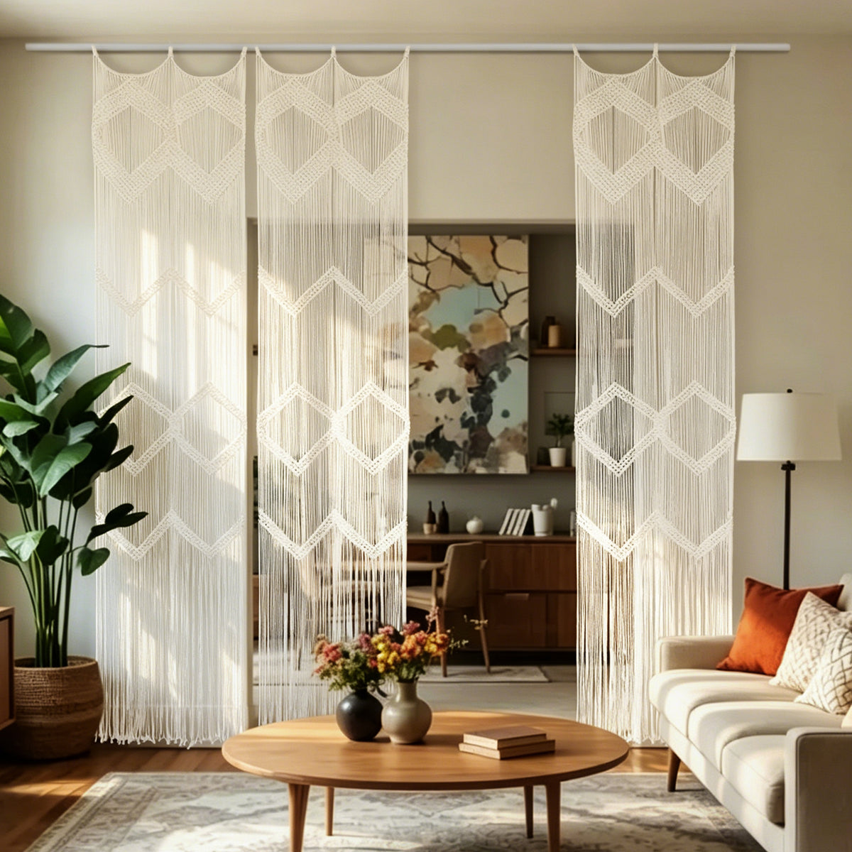 2Pcs Boho Beige Macrame Curtains Sheer Window Decor 23.6" W*98" L