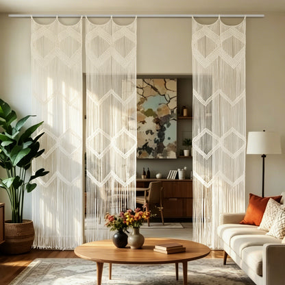 2Pcs Boho Beige Macrame Curtains Sheer Window Decor 23.6" W*98" L