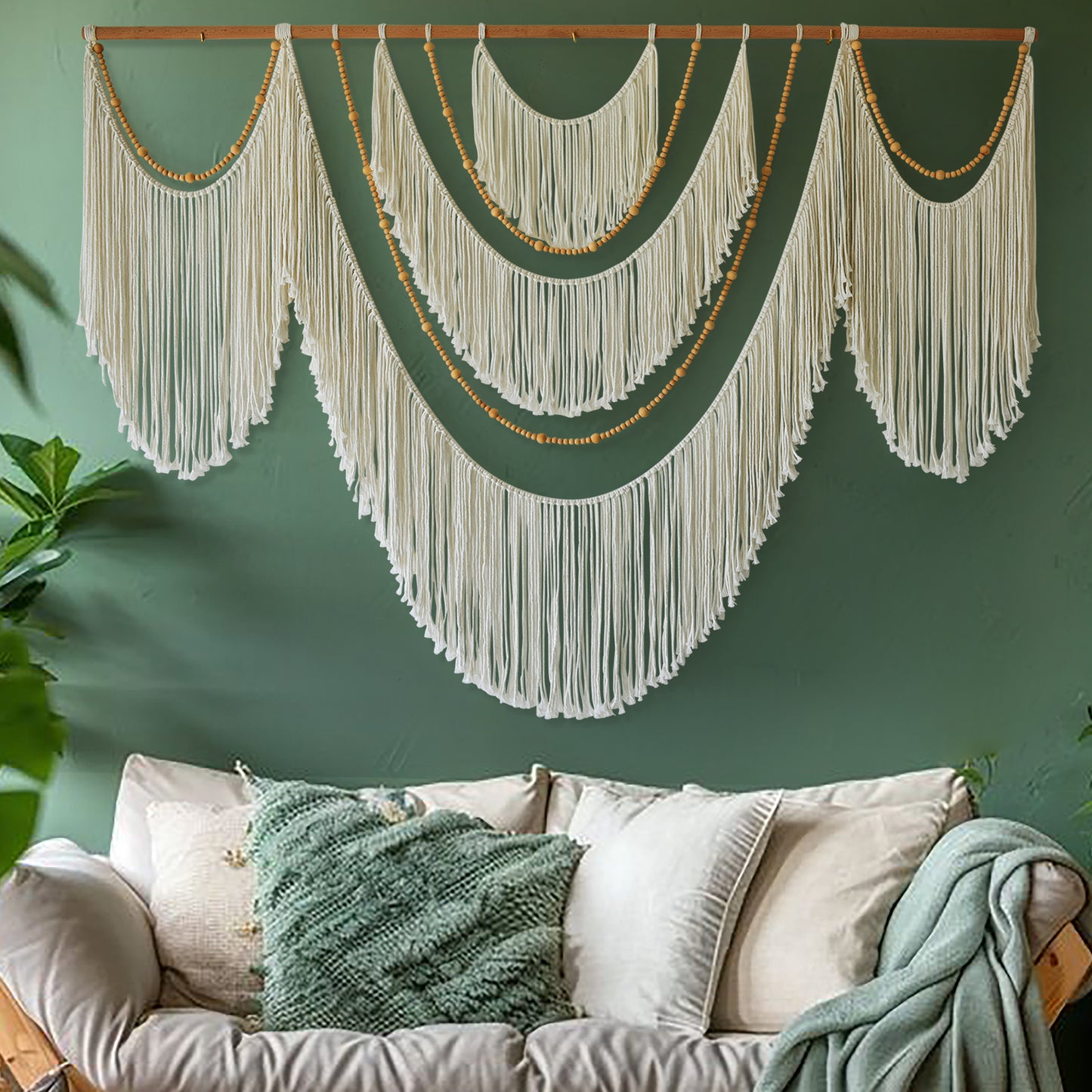 Boho Yarn Art Garland with Tassels and Beads Large Macrame Wall Hanging