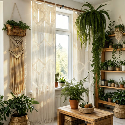 2Pcs Boho Beige Macrame Curtains Sheer Window Decor 23.6" W*98" L