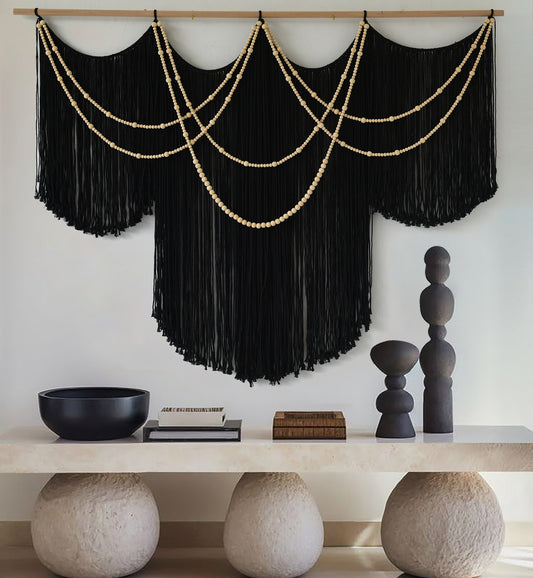 Black Yarn Tapestry Home Decor Large Fiber Wall Art