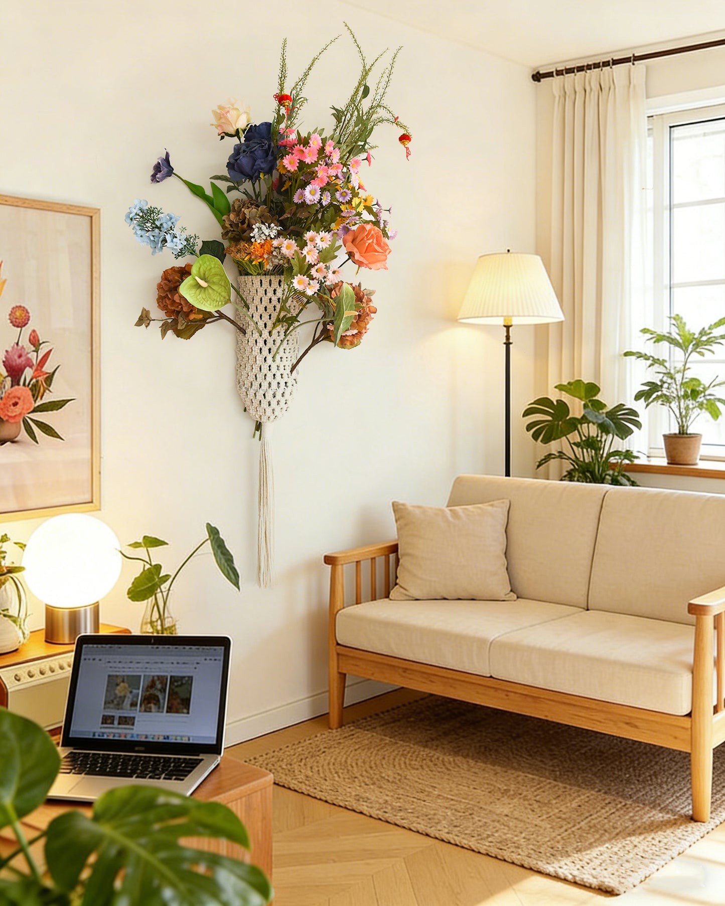 Boho Macrame Wall Hanging Floral Arrangement Woven Wall Decor