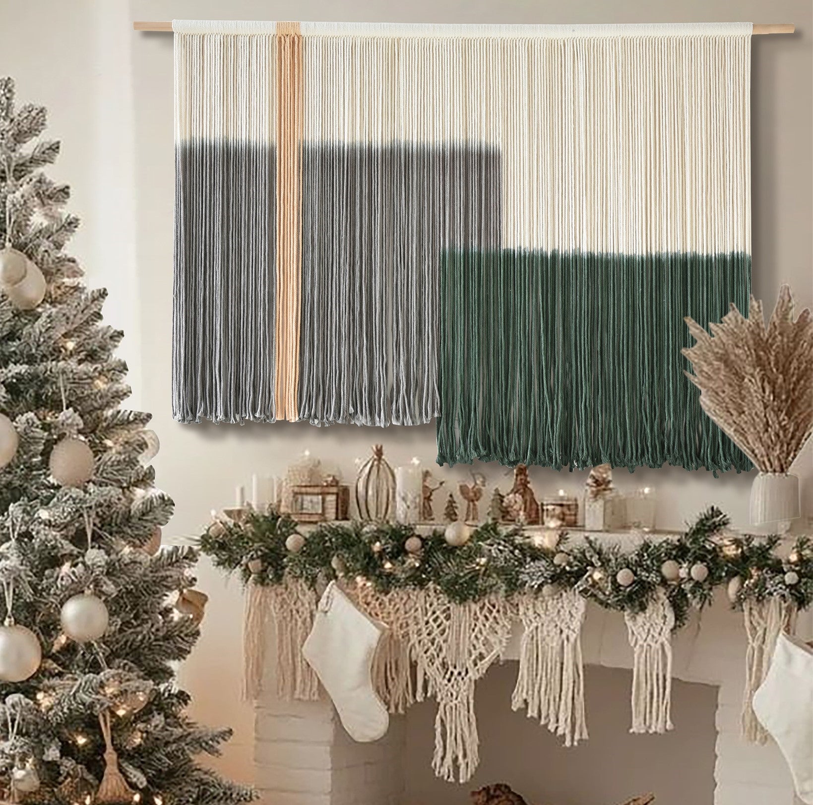 Macrame Wall Hanging Green Large Dip Dye Fiber Wall Art Bohemian Yarn Tapestry Wall Décor