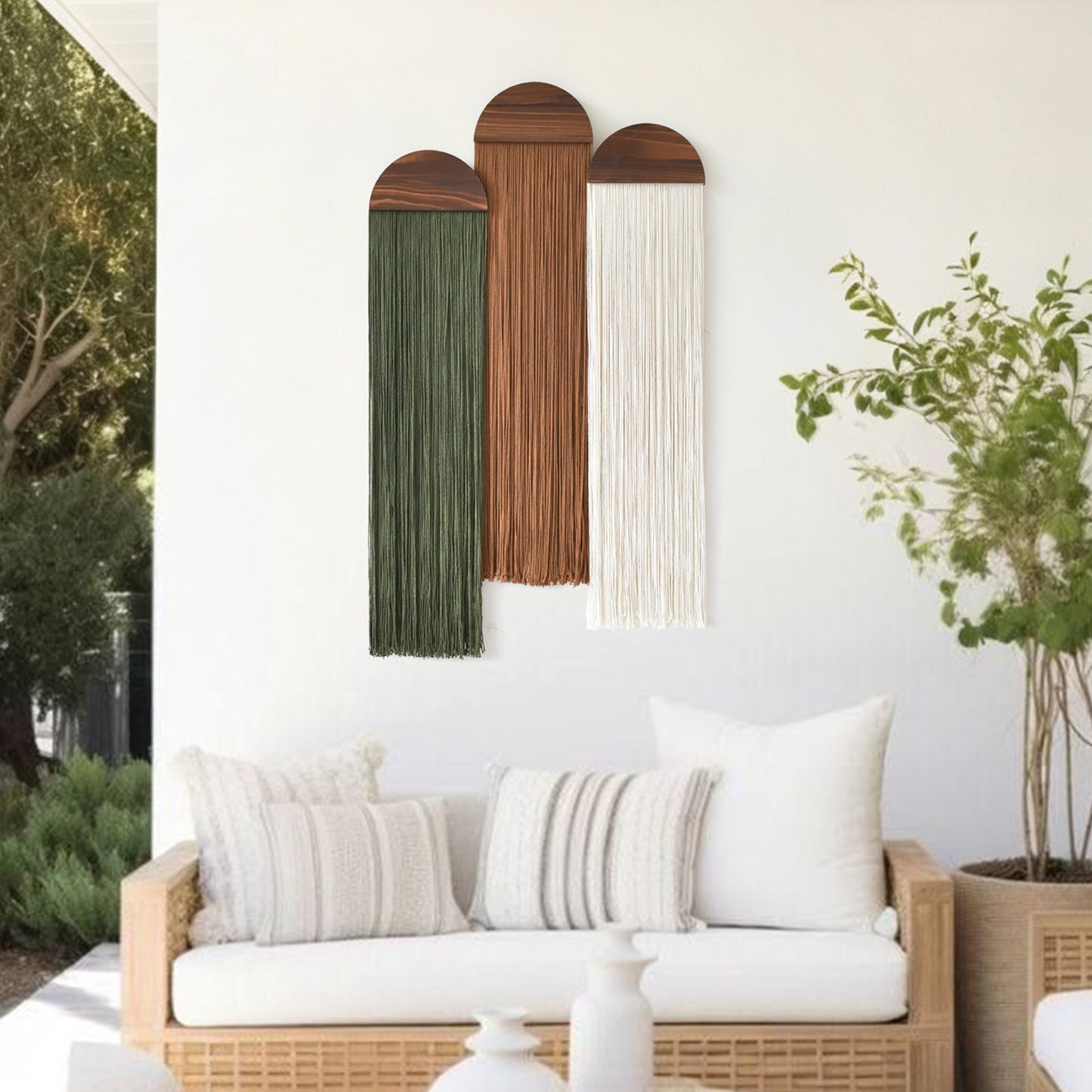 3pcs Macrame Wall Hanging Woven Wall Decor Brown Green Ivory 10"W*40"L