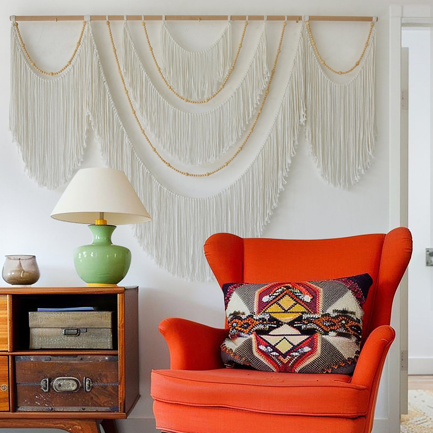 Boho Yarn Art Garland with Tassels and Beads Large Macrame Wall Hanging