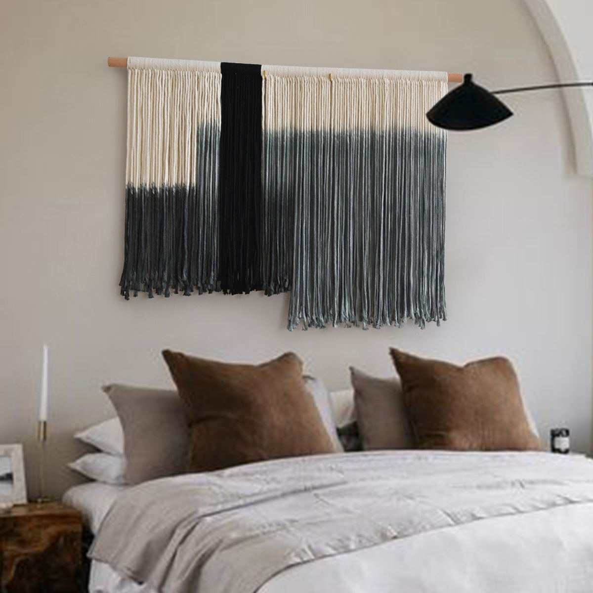 Macrame Wall Hanging Grey Dip Dye Boho Fiber Art for Bedroom 27"W x 19"L