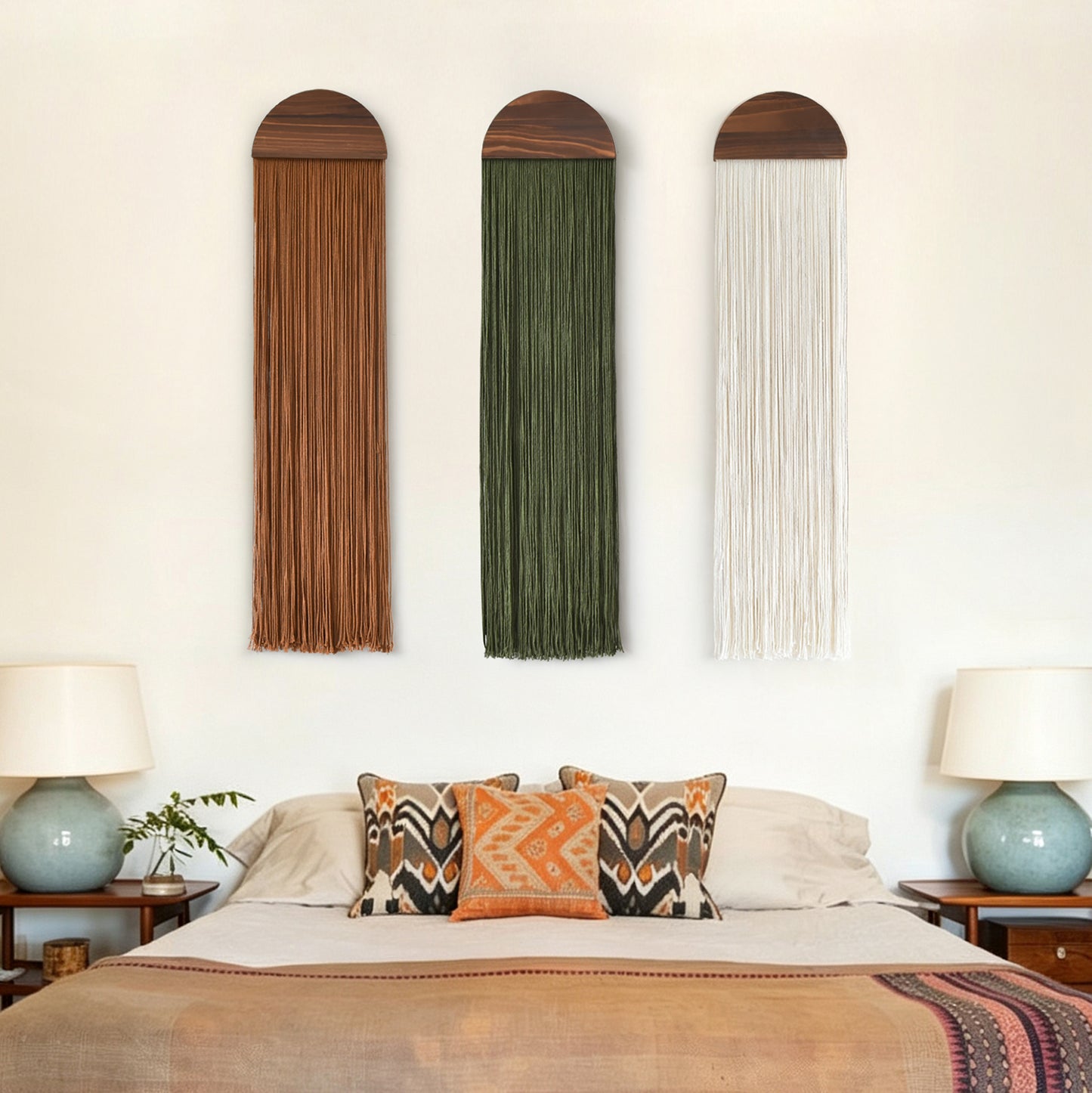 3pcs Macrame Wall Hanging Woven Wall Decor Brown Green Ivory 10"W*40"L