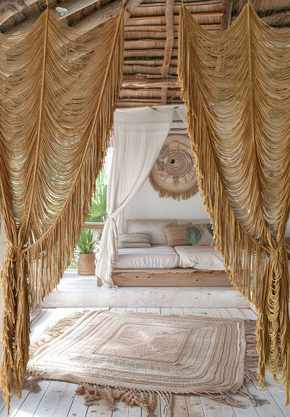 2pcs Macrame Curtain Khaki Cotton Rope Boho Window Drapes 41" W*75" L