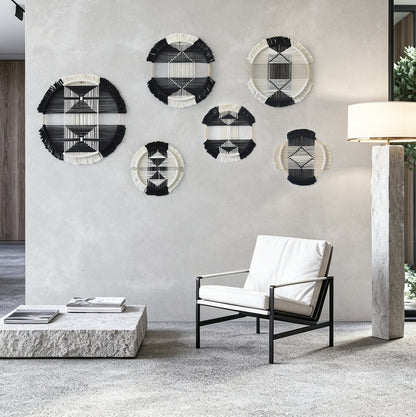 6pcs Macrame Wall Decor Black White Geometric Fiber Art Hanging Round Boho