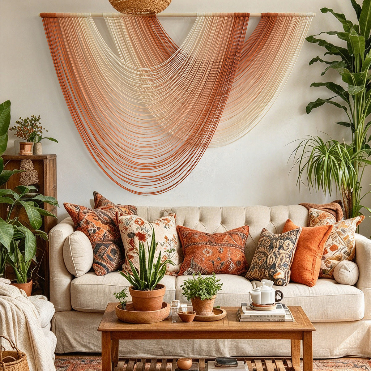 Macrame Wall Hanging Orange Cotton Yarn Decor for Living Room 57"W*39"L