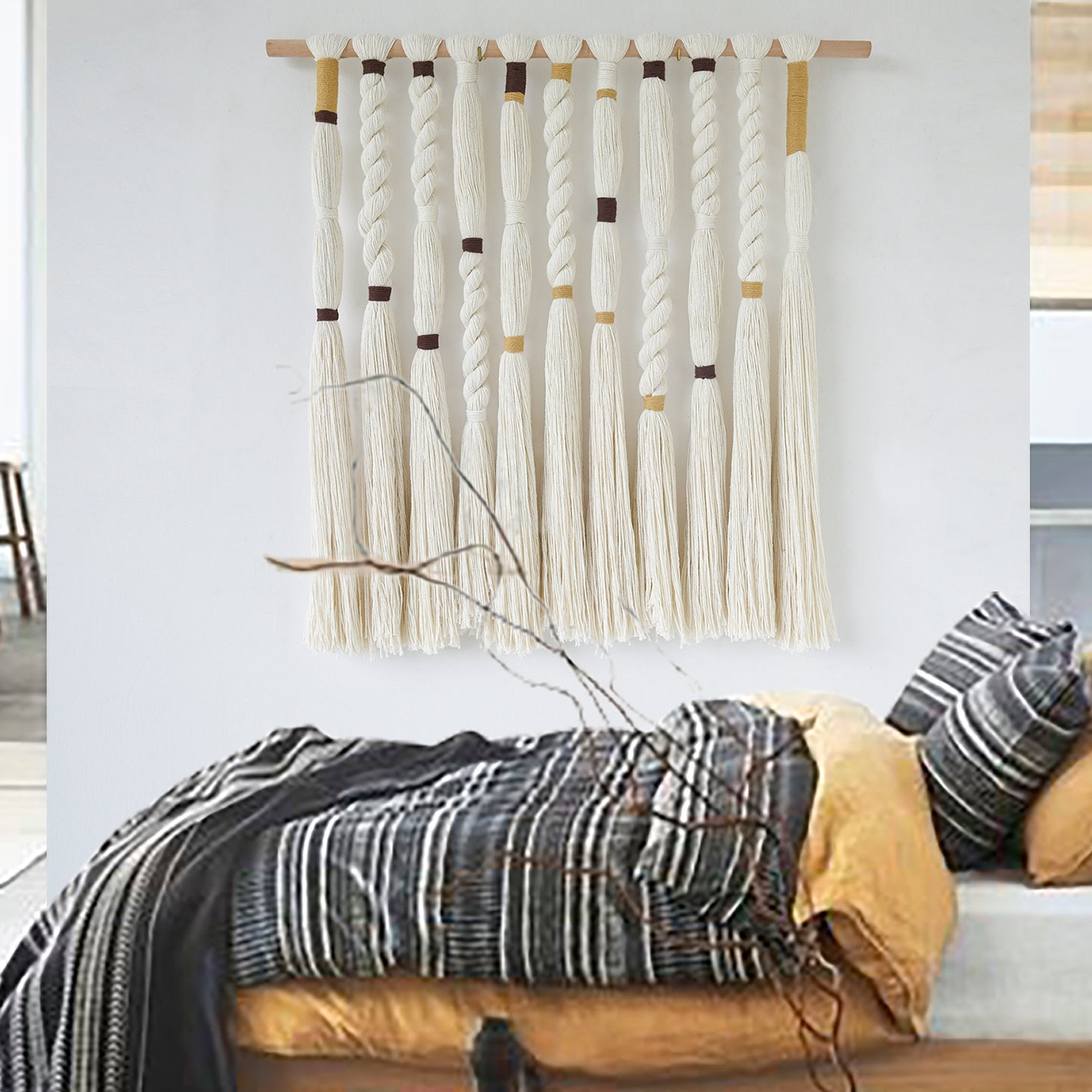 Macrame Wall Hanging with Braided Knot and Tassel Fringe